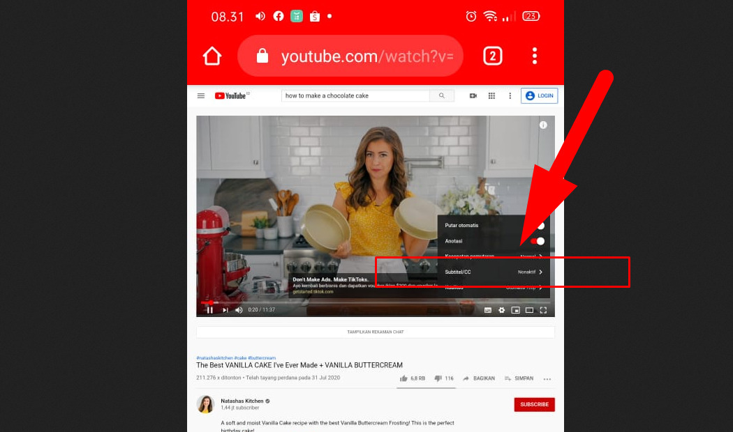 Cara menambahkan subtitle Indonesia di Youtube lewat browser di HP