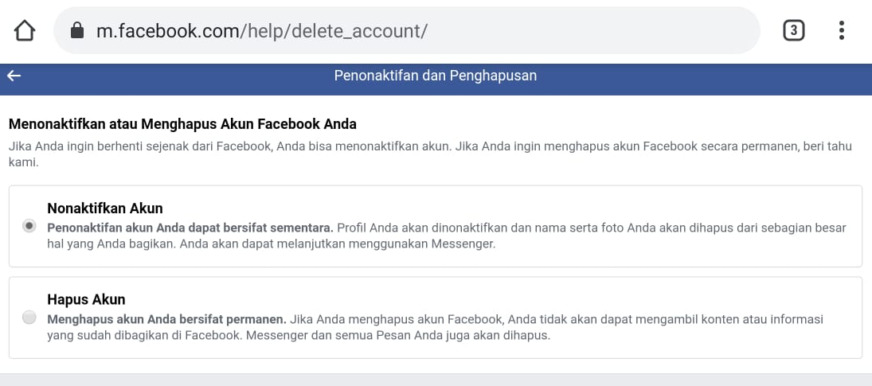 Gambar 3 – Cara menghapus akun FB dengan cepat via browser di PC dan HP