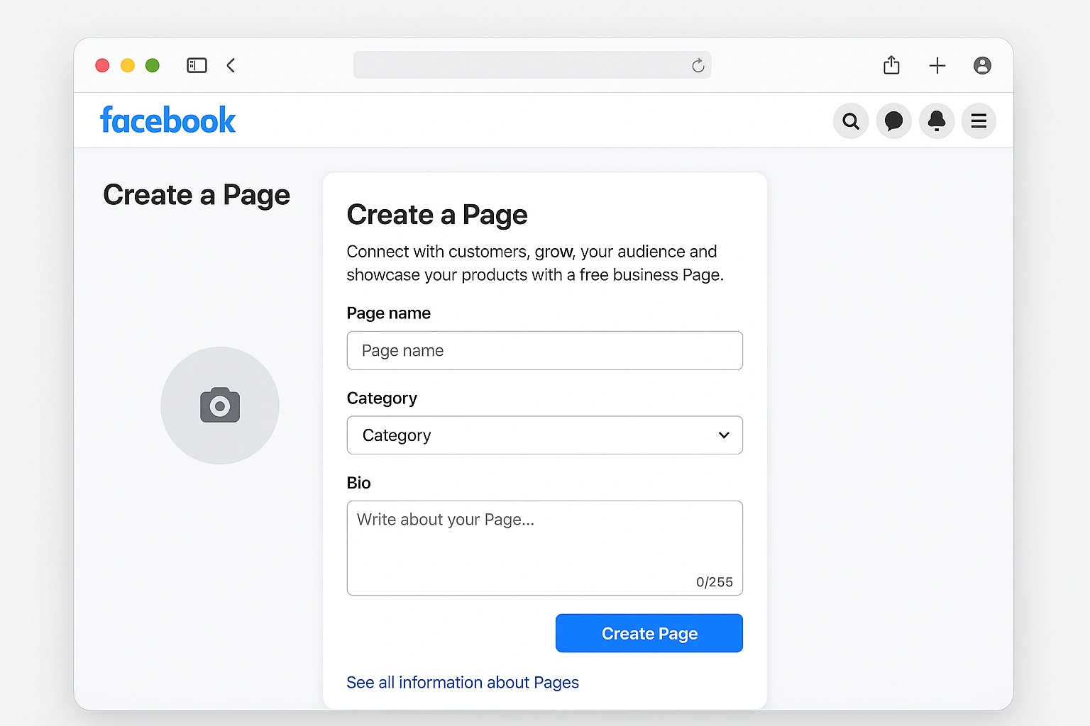 Facebook Page Creation Interface