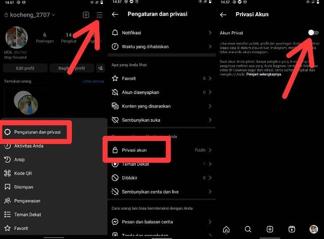 Interface pengaturan privasi Instagram